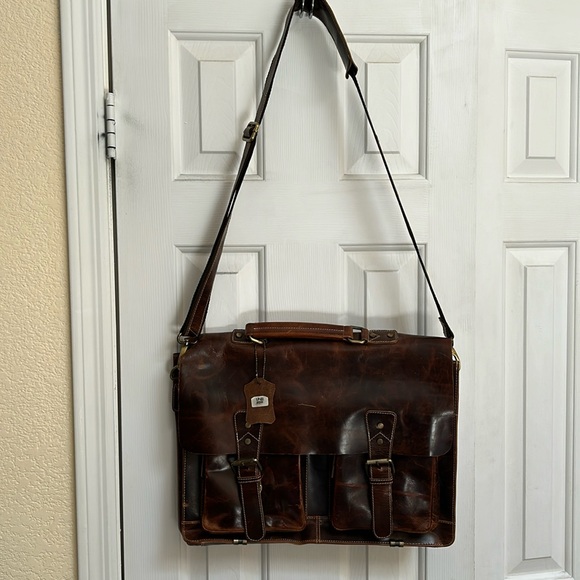 Leather briefcase new several pockets laptop area back pocket age leather
